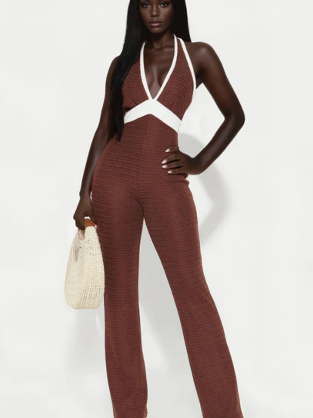 Fashion Nova Brown Halter Knit Jumpsuit with White Trim